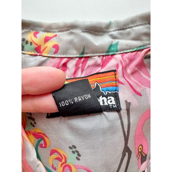 Vintage PATALOHA PATAGONIA Grey Pink Floral Flamingo Hawaiian Shirt, Size S - Picture 14 of 16